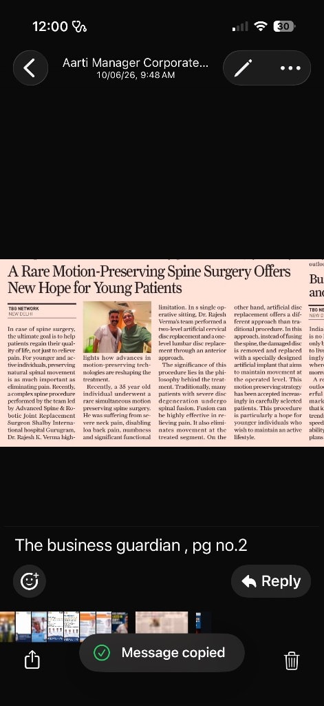 Foreign Patient Undergoes Lumbar Disc Replacement Surgery at Marengo Asia Hospitals, Gurugram